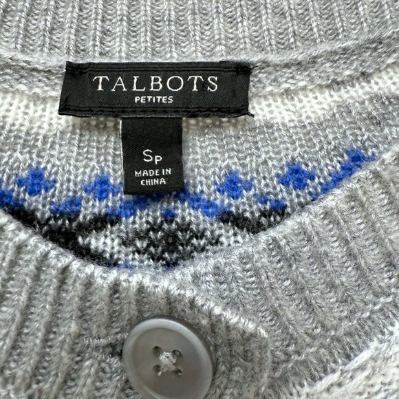 TALBOTS Fair Isle Cardigan Sweater Small Petite Gray Blue Lambswool Nylon Womens - Picture 6 of 9